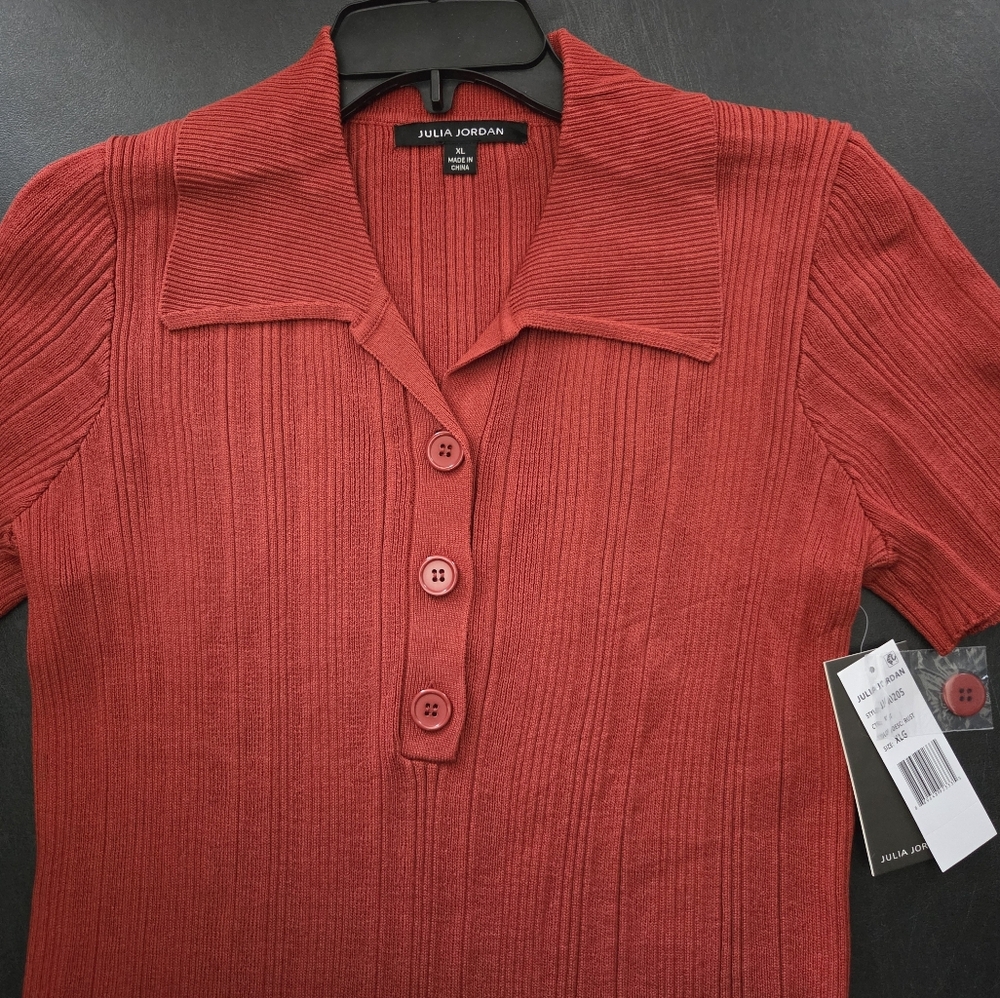 NWT - Julia Jordan Rust Ribbed Knit Collared Quarter Button Midi Dress - Size XL - Picture 6 of 9